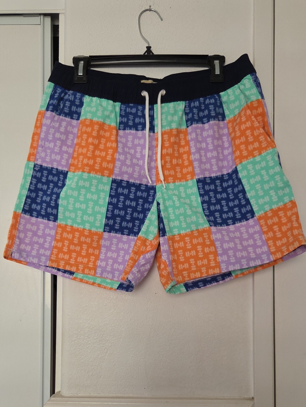 J. Crew Men's Patchwork Swim Trunks in Mint, Orange, Navy & Lavender